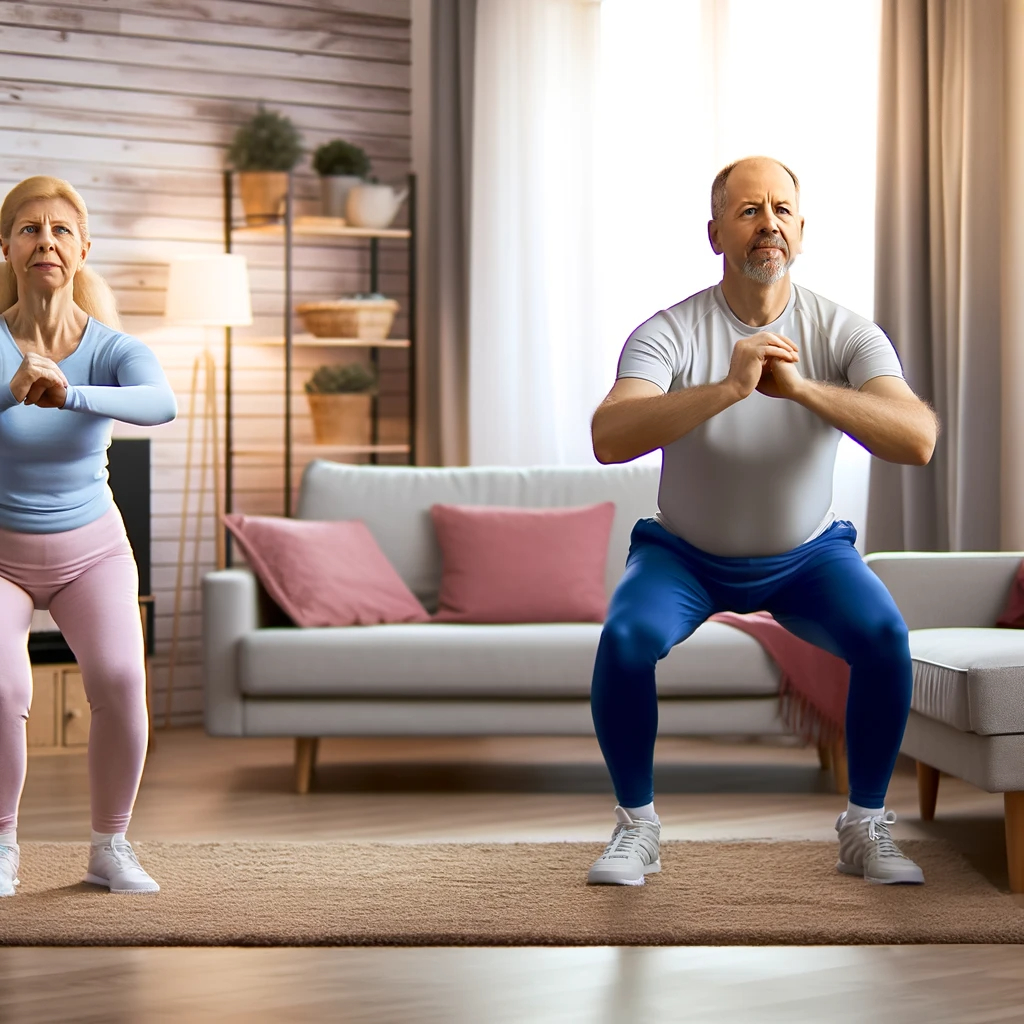 a man and woman doing squats in a living room